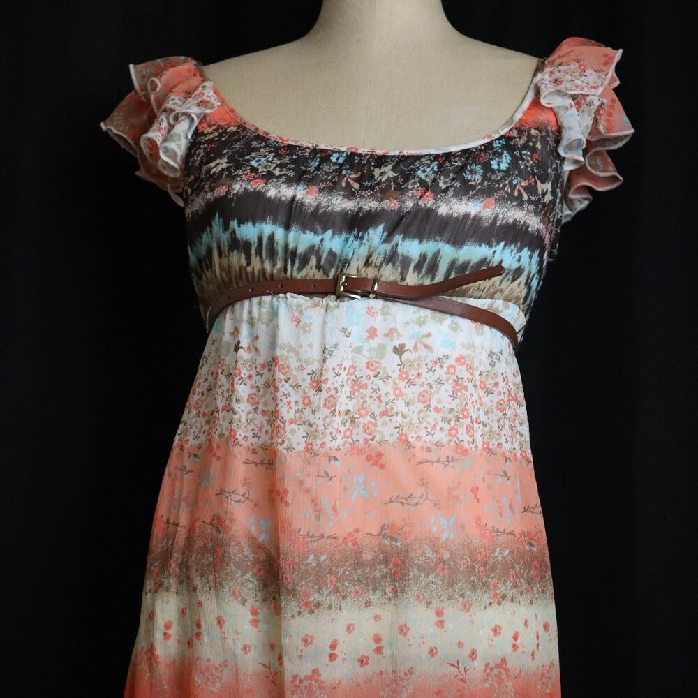 Wrapper Juniors Medium Dress Peach Floral Empire Waist Cottage Core Fairy Boho
